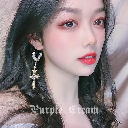 Purple Cream Purple Heart Pearl Cross Hoop Earrings P400