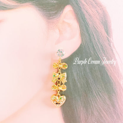 Purple Cream Ribbon &amp; Heart Earrings P1128