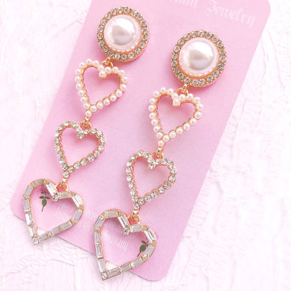 Purple Cream Pearl &amp; Heart Lovely Long Earrings P098