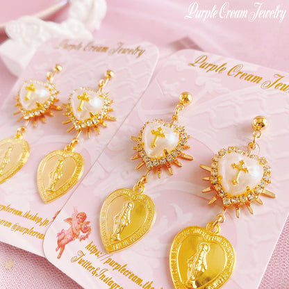 Purple Cream Heart Medal Earrings P1171 GOLD