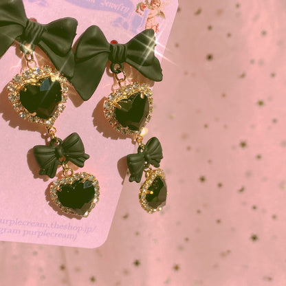 Purple Cream Black Ribbon &amp; Heart Earrings P1002