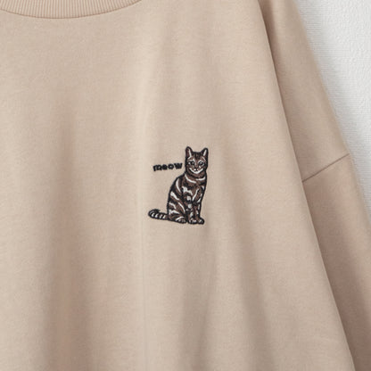 CAT 猫 ワンポイント刺繍 スウェットトップ IVORY