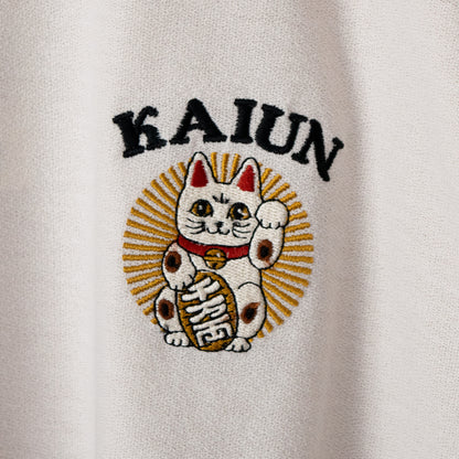 POWER TO THE PEOPLE JAPAN Series Satin Japanese Pattern Embroidered T-Shirt, Maneki-neko (Lucky Cat) Off White