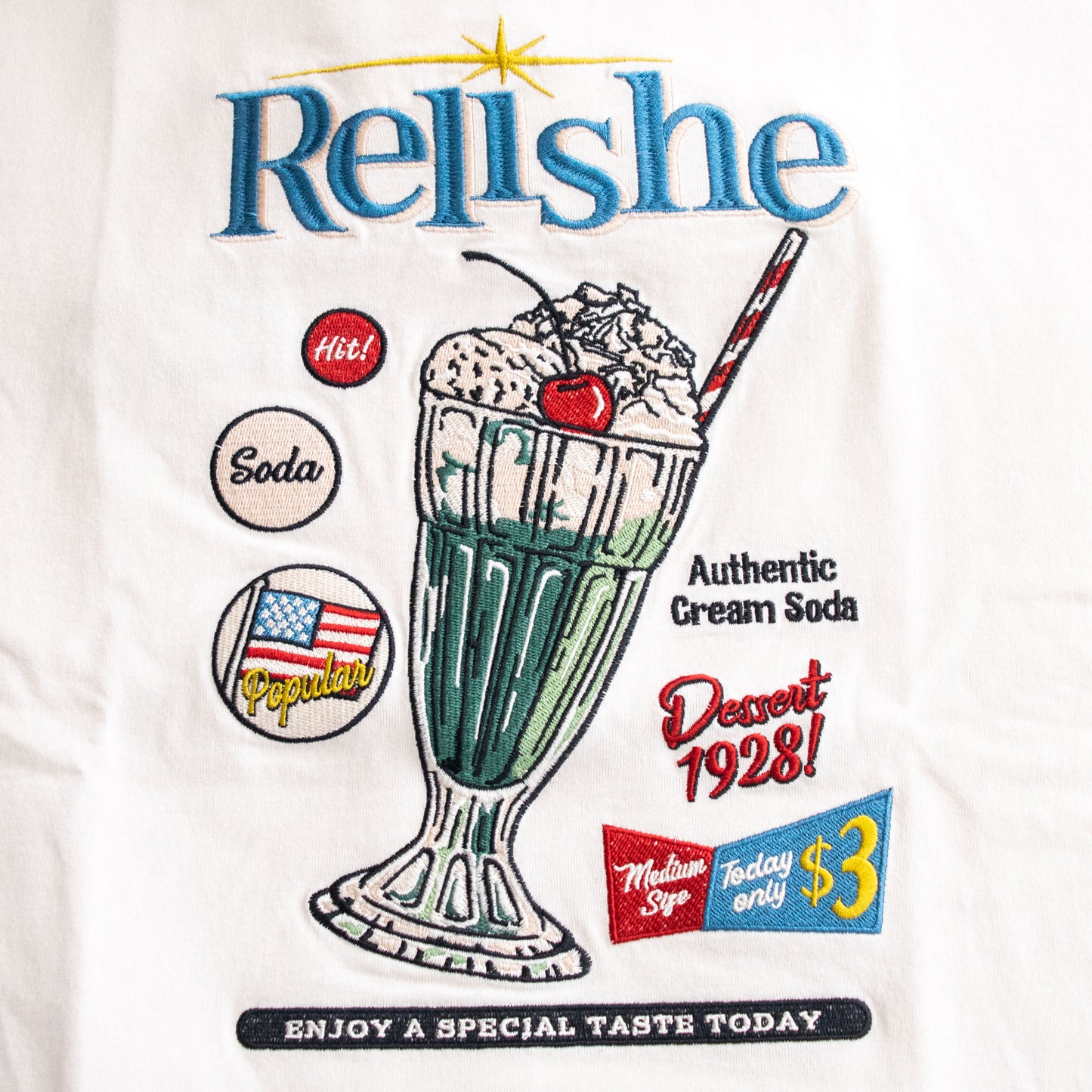 POWER TO THE PEOPLE Cream Soda Embroidered T-Shirt in White/Blue