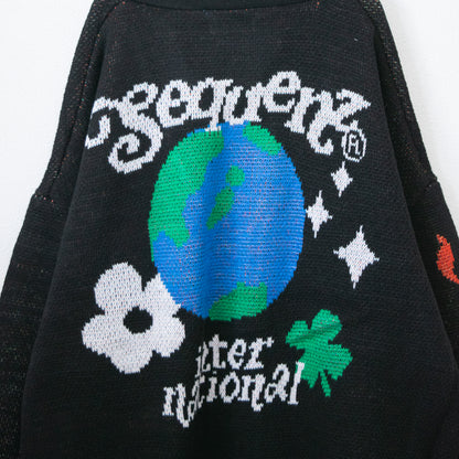 SEQUENZ 1pt刺繍 ヒッピー 花柄 ジャガードニット カーディガン BLACK