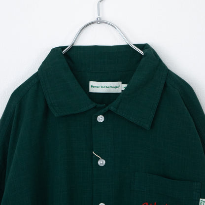 POWER TO THE PEOPLE CAT 麻ライク 刺繍 シャツ GREEN