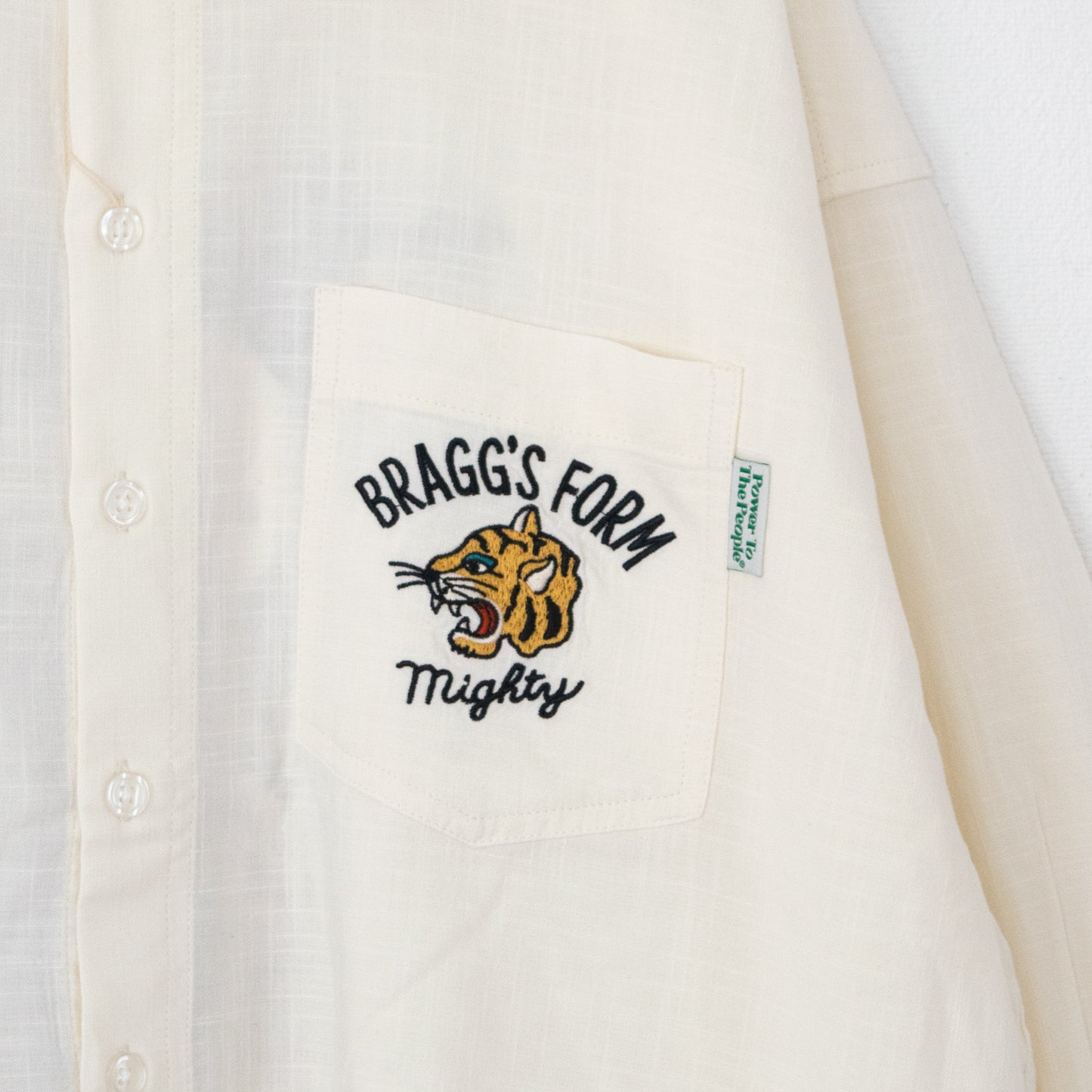 POWER TO THE PEOPLE TIGER 麻ライク 刺繍 シャツ WHITE