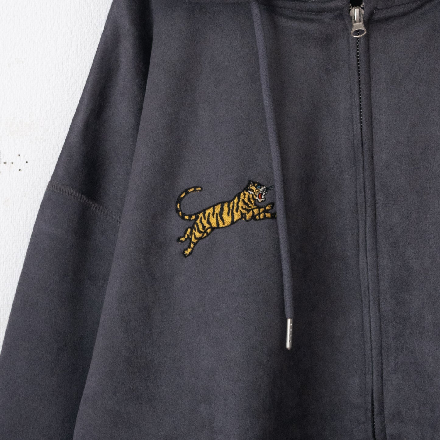 POWER TO THE PEOPLE TIGER Faux Suede Zip Hoodie in Charcoal