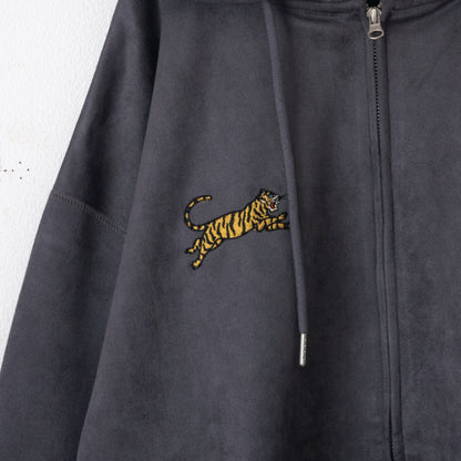 POWER TO THE PEOPLE TIGER Faux Suede Zip Hoodie in Charcoal