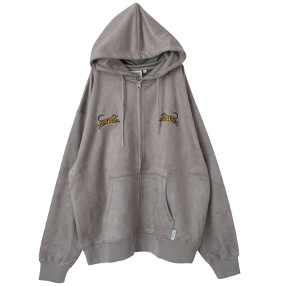 POWER TO THE PEOPLE TIGER Faux Suede Zip Hoodie in Light Gray