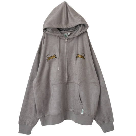 POWER TO THE PEOPLE TIGER Faux Suede Zip Hoodie in Light Gray