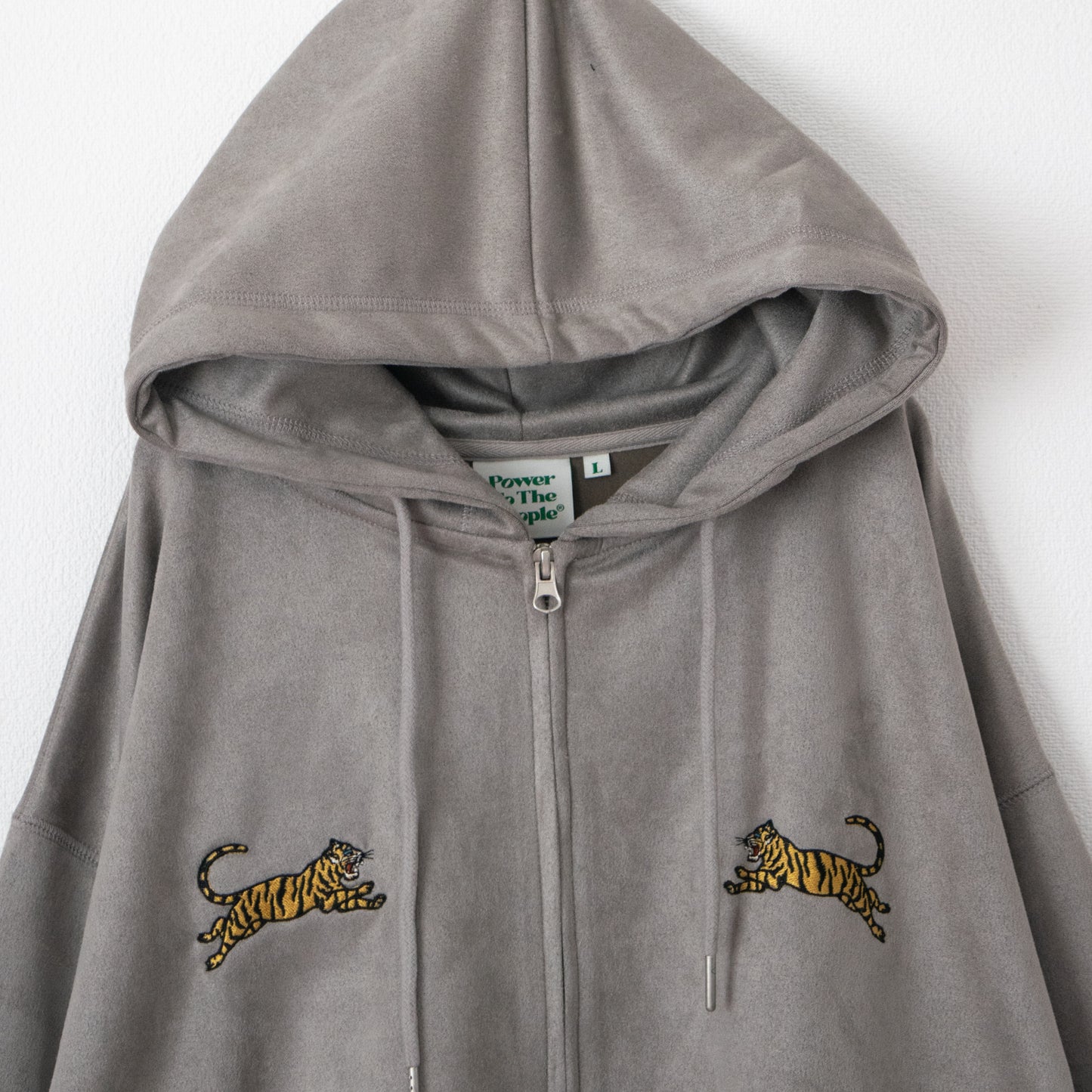 POWER TO THE PEOPLE TIGER Faux Suede Zip Hoodie in Light Gray