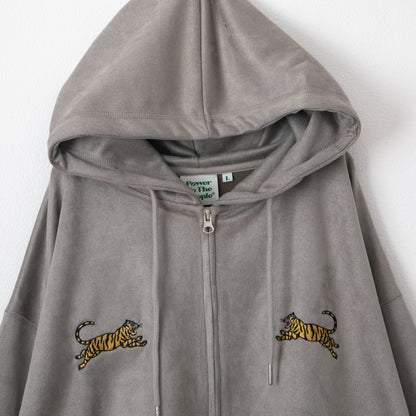 POWER TO THE PEOPLE TIGER Faux Suede Zip Hoodie in Light Gray