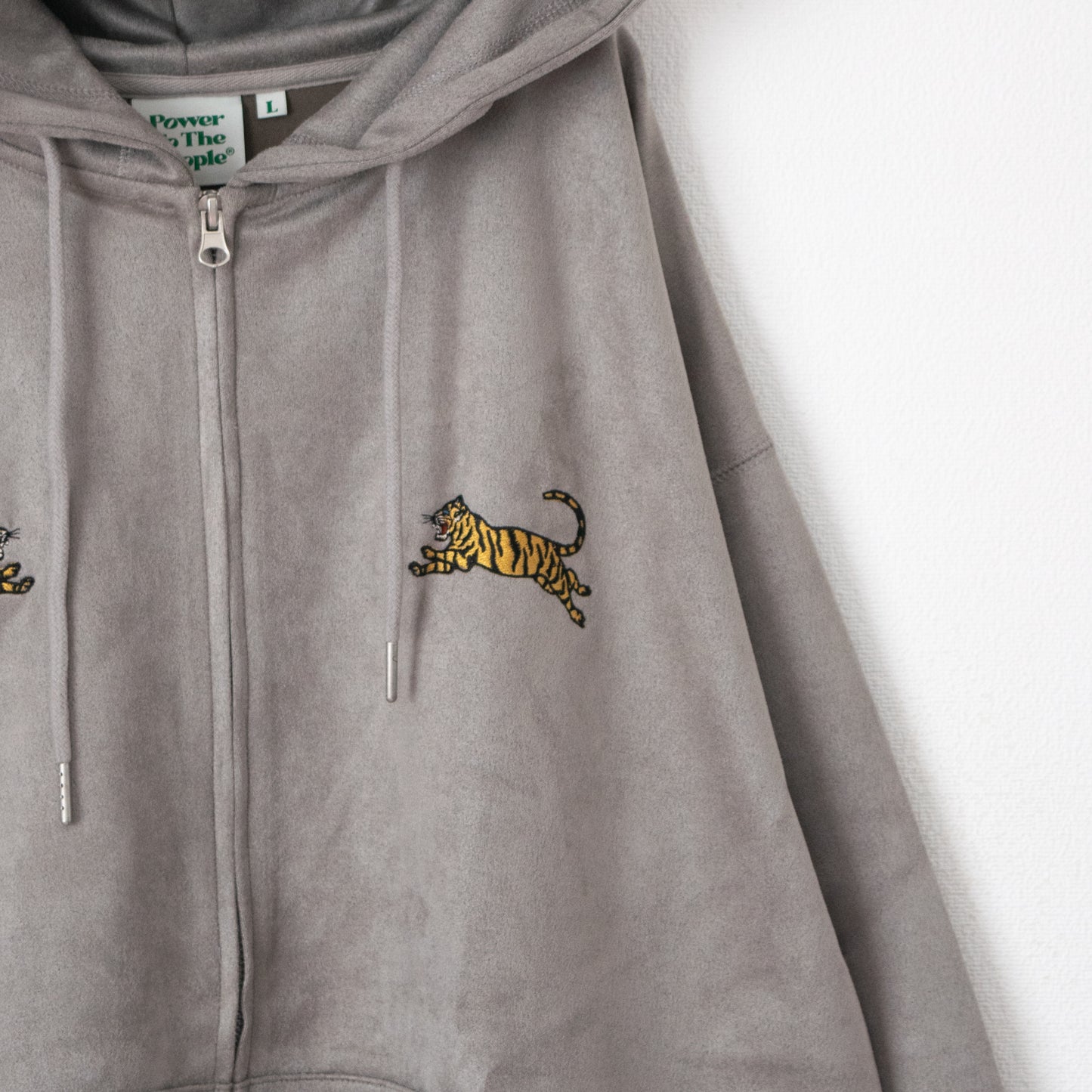 POWER TO THE PEOPLE TIGER Faux Suede Zip Hoodie in Light Gray
