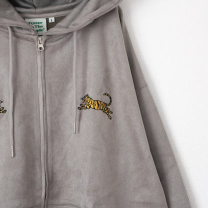 POWER TO THE PEOPLE TIGER Faux Suede Zip Hoodie in Light Gray