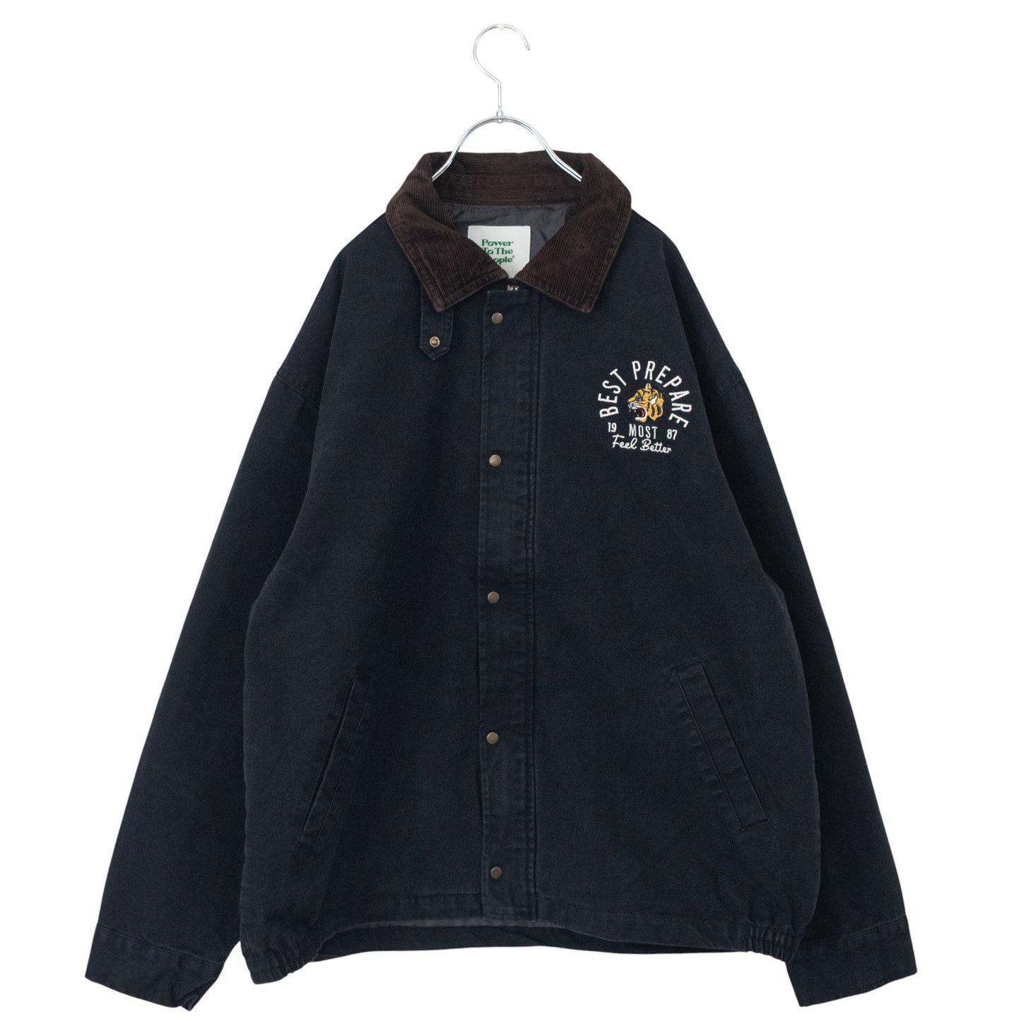 POWER TO THE PEOPLE Corduroy Collar Tiger Embroidery Duck Jacket Black