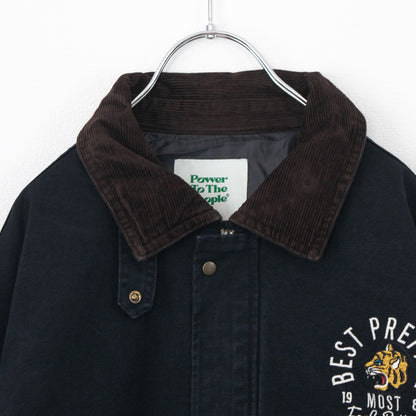 POWER TO THE PEOPLE Corduroy Collar Tiger Embroidery Duck Jacket Black