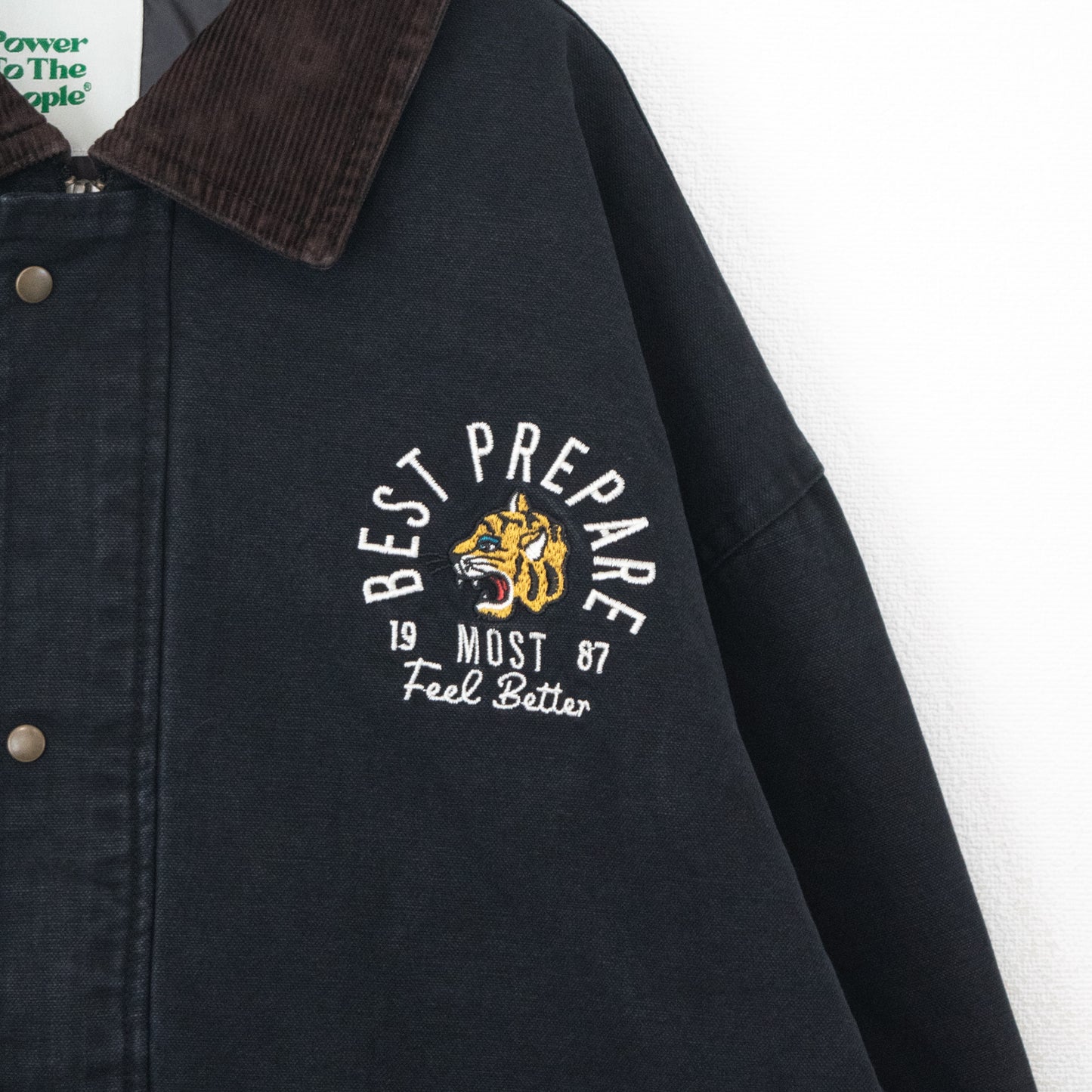 POWER TO THE PEOPLE Corduroy Collar Tiger Embroidery Duck Jacket Black
