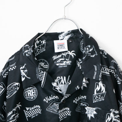 VISION STREET WEAR グラフィック総柄 開襟 半袖シャツ BLACK