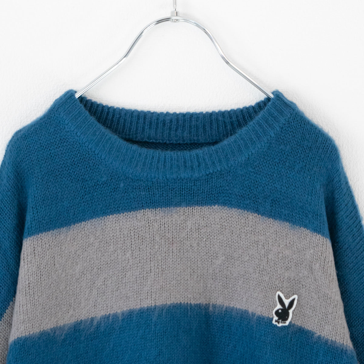 Play Boy Loves SEQUENZ Mohair-like Wide Border Knit GRAY BLUE