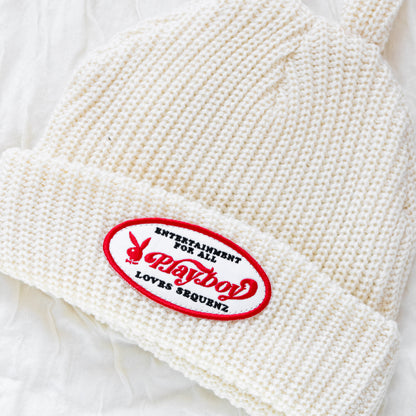 Play Boy Loves SEQUENZ Bunny Beanie Rabbit Ears Knit Hat WHITE