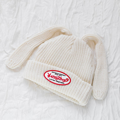 Play Boy Loves SEQUENZ Bunny Beanie Rabbit Ears Knit Hat WHITE