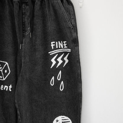 ケミカル加工デニム ラフガキ プリント パンツ BLACK