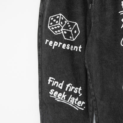 ケミカル加工デニム ラフガキ プリント パンツ BLACK