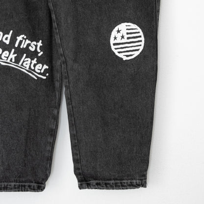 ケミカル加工デニム ラフガキ プリント パンツ BLACK