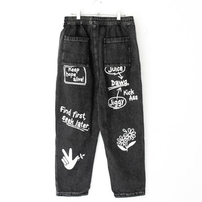 ケミカル加工デニム ラフガキ プリント パンツ BLACK