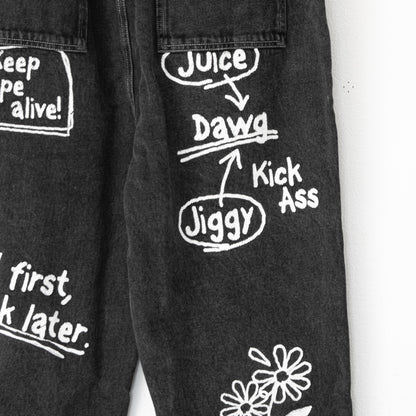 ケミカル加工デニム ラフガキ プリント パンツ BLACK