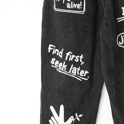 ケミカル加工デニム ラフガキ プリント パンツ BLACK