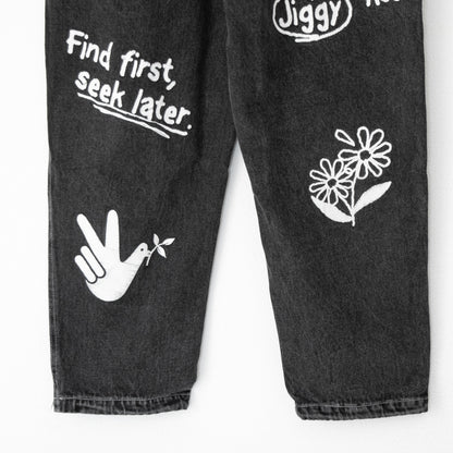 ケミカル加工デニム ラフガキ プリント パンツ BLACK