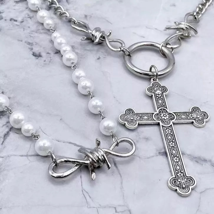 BIG CROSS BARBED WIRE PEARL CHAIN ​​NECKLACE SET SILVER