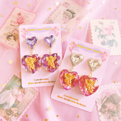 Purple Cream Big Heart Angel Earrings P830
