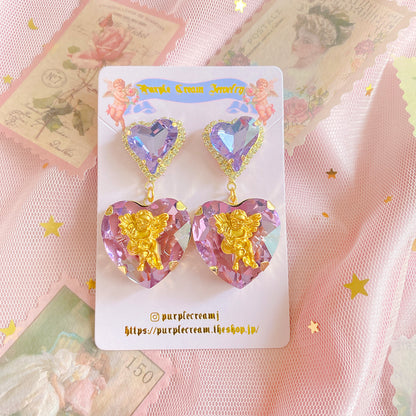 Purple Cream Big Heart Angel Earrings P830