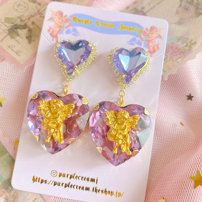 Purple Cream Big Heart Angel Earrings P830
