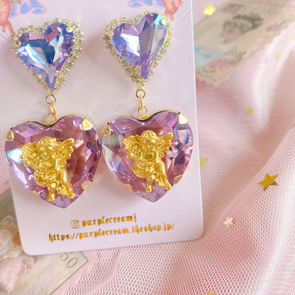 Purple Cream Big Heart Angel Earrings P830