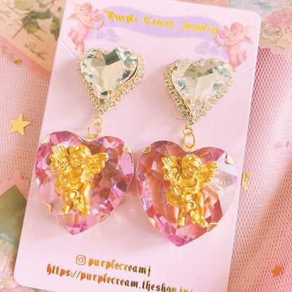 Purple Cream Big Heart Angel Earrings P830