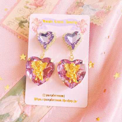 Purple Cream Big Heart Angel Earrings P830