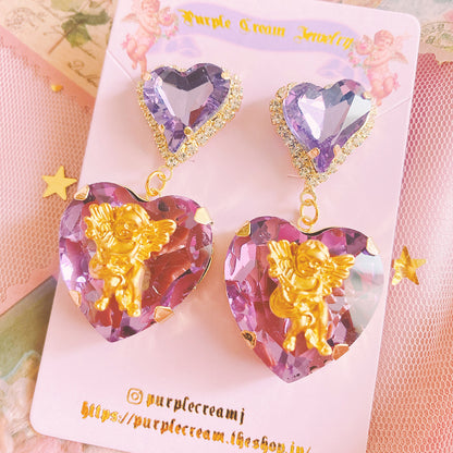 Purple Cream Big Heart Angel Earrings P830