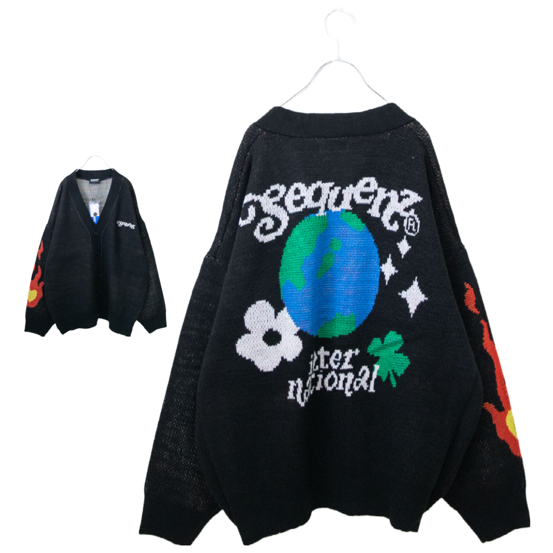 SEQUENZ 1pt Embroidered Hippie Floral Jacquard Knit Cardigan BLACK