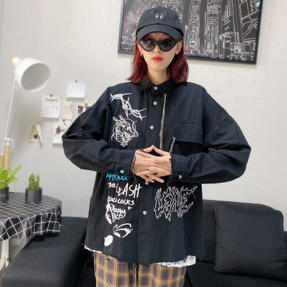 Symbol Embroidery Long Sleeve Shirt BLACK