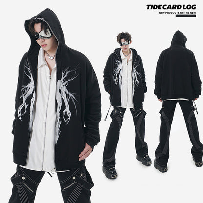 DEVIL PRINT FULL ZIP UP HOODIE PARKA BLACK