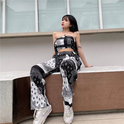 Bandana Pattern Tube Top and Pants Set Black/White MS_P
