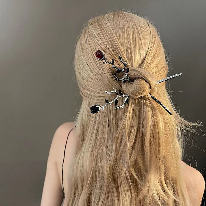 Single Rose ROSE Hairpin BLACK RED