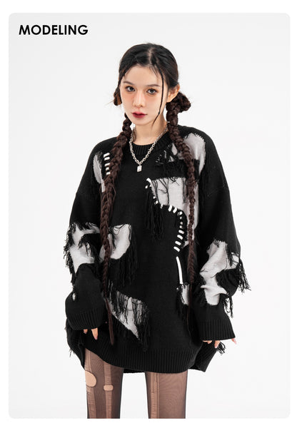 STITCH ステッチ加工 ダメージ ニット プルオーバートップ BLACK