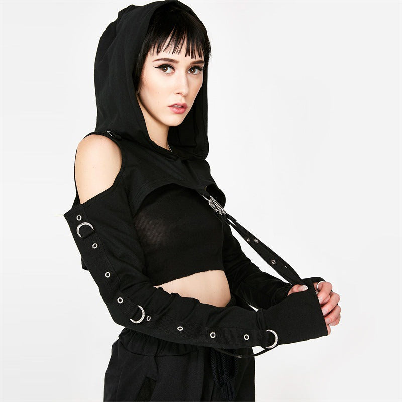 Open Shoulder Gothic Hoodie BLACK