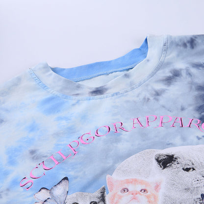 タイダイ 猫プリント Tシャツ BLUE