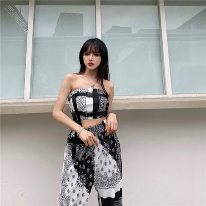 Bandana Pattern Tube Top and Pants Set Black/White MS_P